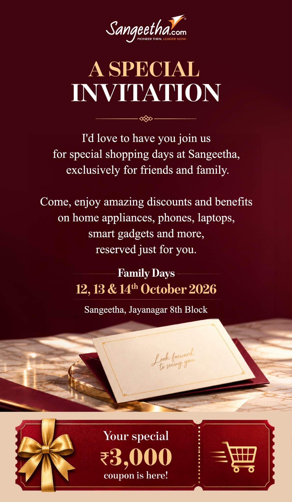 Original Sangeetha Family Days invitation for 12, 13 and 14 October 2026 at Jayanagar 8th Block, with a special ₹3,000 coupon